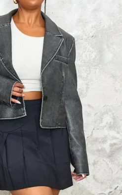 Plus Black Washed Faux Leather Cropped Blazer Jacket