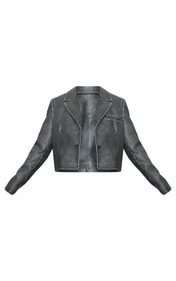 Plus Black Washed Faux Leather Cropped Blazer Jacket