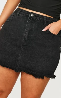 Plus Black Washed Raw Hem Mini Skirt