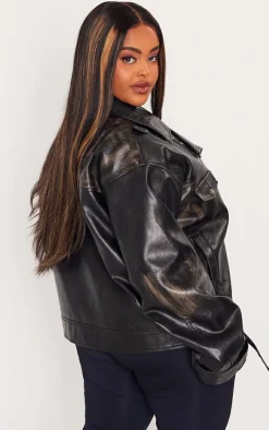 Plus Black Worn Faux Leather Oversized Biker Jacket