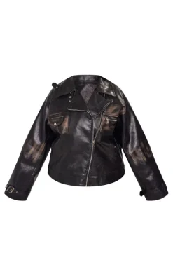 Plus Black Worn Faux Leather Oversized Biker Jacket