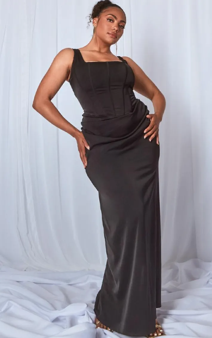 Plus Black Woven Corset Detail Maxi Dress