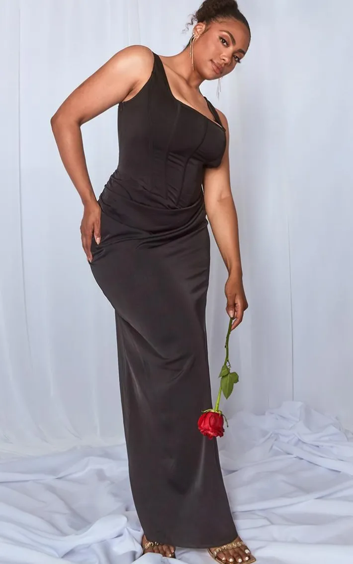 Plus Black Woven Corset Detail Maxi Dress