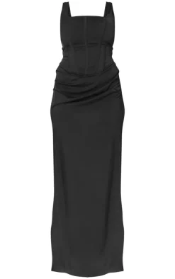 Plus Black Woven Corset Detail Maxi Dress