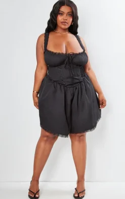 Plus Black Woven Lace Detail Strappy Romper