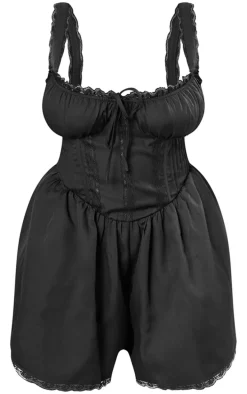 Plus Black Woven Lace Detail Strappy Romper