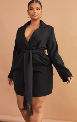Plus Black Wrap Front Tassel Belted Dress