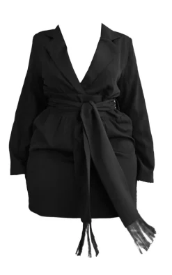 Plus Black Wrap Front Tassel Belted Dress