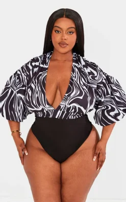 Plus Black Zebra Print Puffball Sleeve Bodysuit