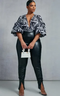 Plus Black Zebra Swirl Puffball Sleeve Bodysuit