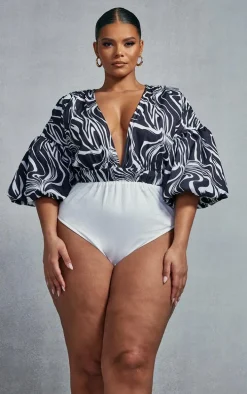 Plus Black Zebra Swirl Puffball Sleeve Bodysuit