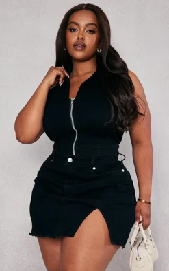 Plus Black Zip Up Denim Vest