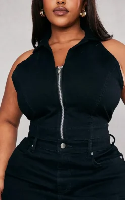 Plus Black Zip Up Denim Vest