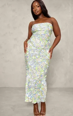 Plus Blue Abstract Plisse Bandeau Maxi Dress