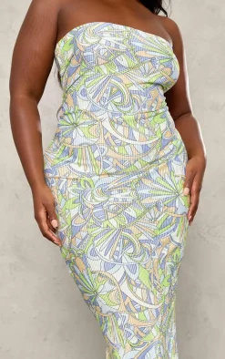 Plus Blue Abstract Plisse Bandeau Maxi Dress