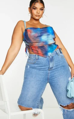 Plus Blue Abstract Print Mesh Layered Corset Top