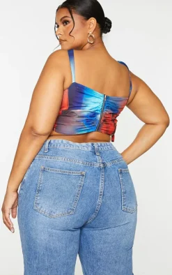 Plus Blue Abstract Print Mesh Layered Corset Top