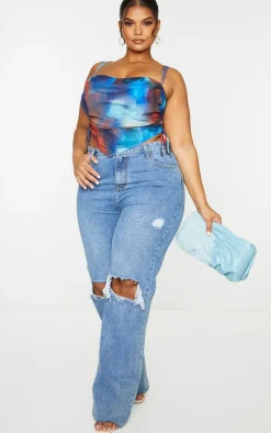 Plus Blue Abstract Print Mesh Layered Corset Top