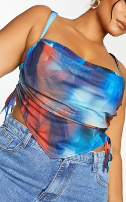 Plus Blue Abstract Print Mesh Layered Corset Top