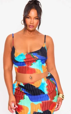 Plus Blue Abstract Print Plisse Strappy Cowl Neck Top