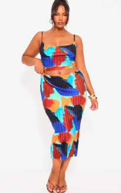 Plus Blue Abstract Print Plisse Strappy Cowl Neck Top
