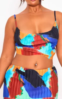 Plus Blue Abstract Print Plisse Strappy Cowl Neck Top