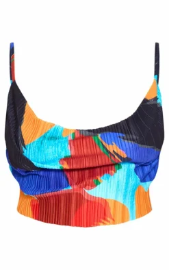 Plus Blue Abstract Print Plisse Strappy Cowl Neck Top