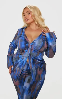 Plus Blue Abstract Print Chiffon Ruched Fitted Shirt