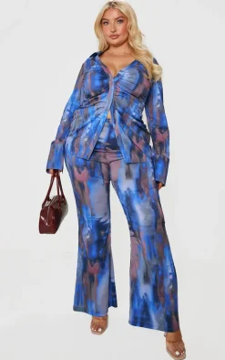 Plus Blue Abstract Print Chiffon Flare Pants