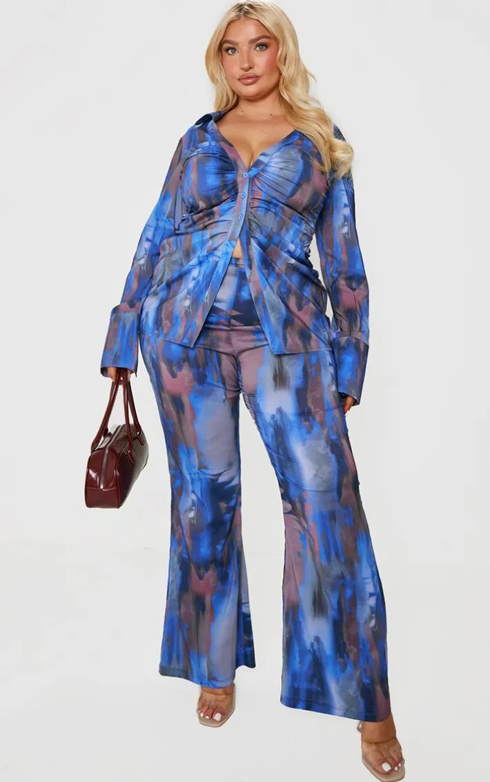 Plus Blue Abstract Print Chiffon Flare Pants