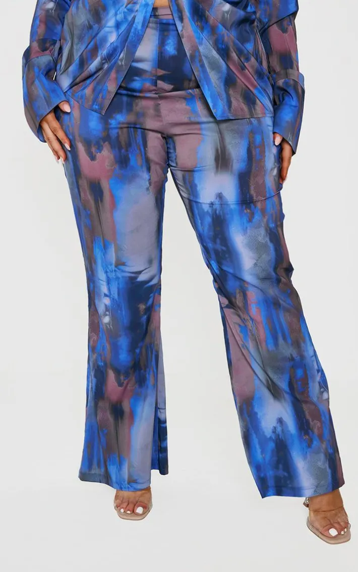 Plus Blue Abstract Print Chiffon Flare Pants