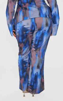 Plus Blue Abstract Print Chiffon Flare Pants