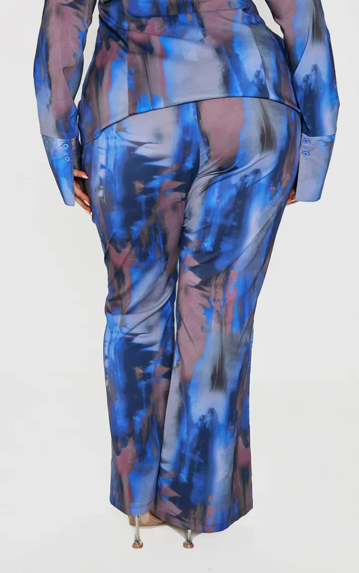 Plus Blue Abstract Print Chiffon Flare Pants