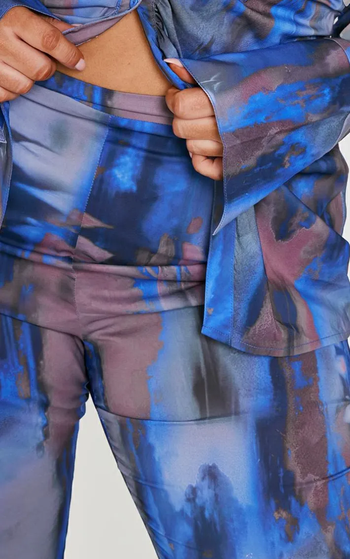 Plus Blue Abstract Print Chiffon Flare Pants