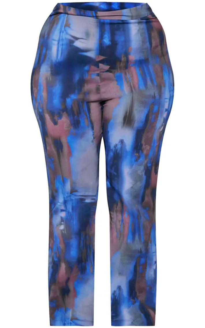 Plus Blue Abstract Print Chiffon Flare Pants