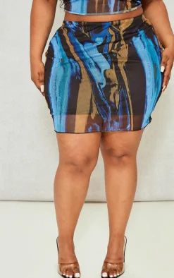 Plus Blue Abstract Printed Lettuce Hem Mesh Bodycon Skirt
