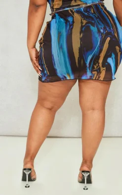 Plus Blue Abstract Printed Lettuce Hem Mesh Bodycon Skirt