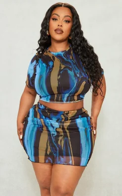 Plus Blue Abstract Printed Lettuce Hem Mesh Bodycon Skirt