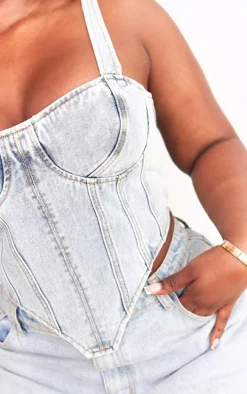 Plus Blue Acid Wash Denim Corset