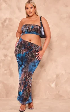 Plus Blue Animal Print Meshed Cut Out Maxi Dress
