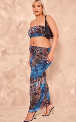 Plus Blue Animal Print Meshed Cut Out Maxi Dress