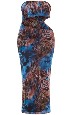 Plus Blue Animal Print Meshed Cut Out Maxi Dress