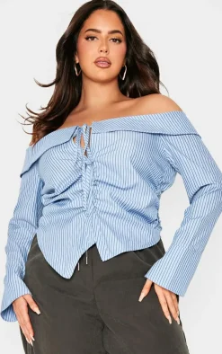 Plus Blue Bardot Striped Fitted Shirt Style Top