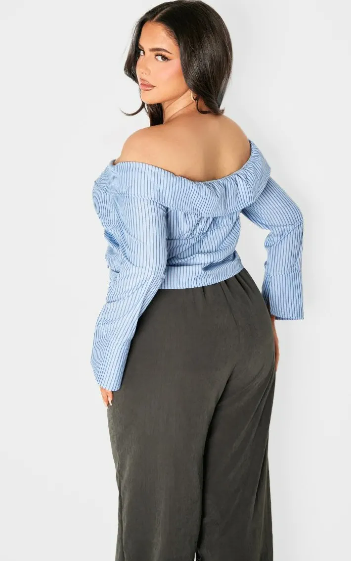 Plus Blue Bardot Striped Fitted Shirt Style Top