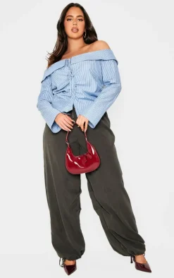 Plus Blue Bardot Striped Fitted Shirt Style Top