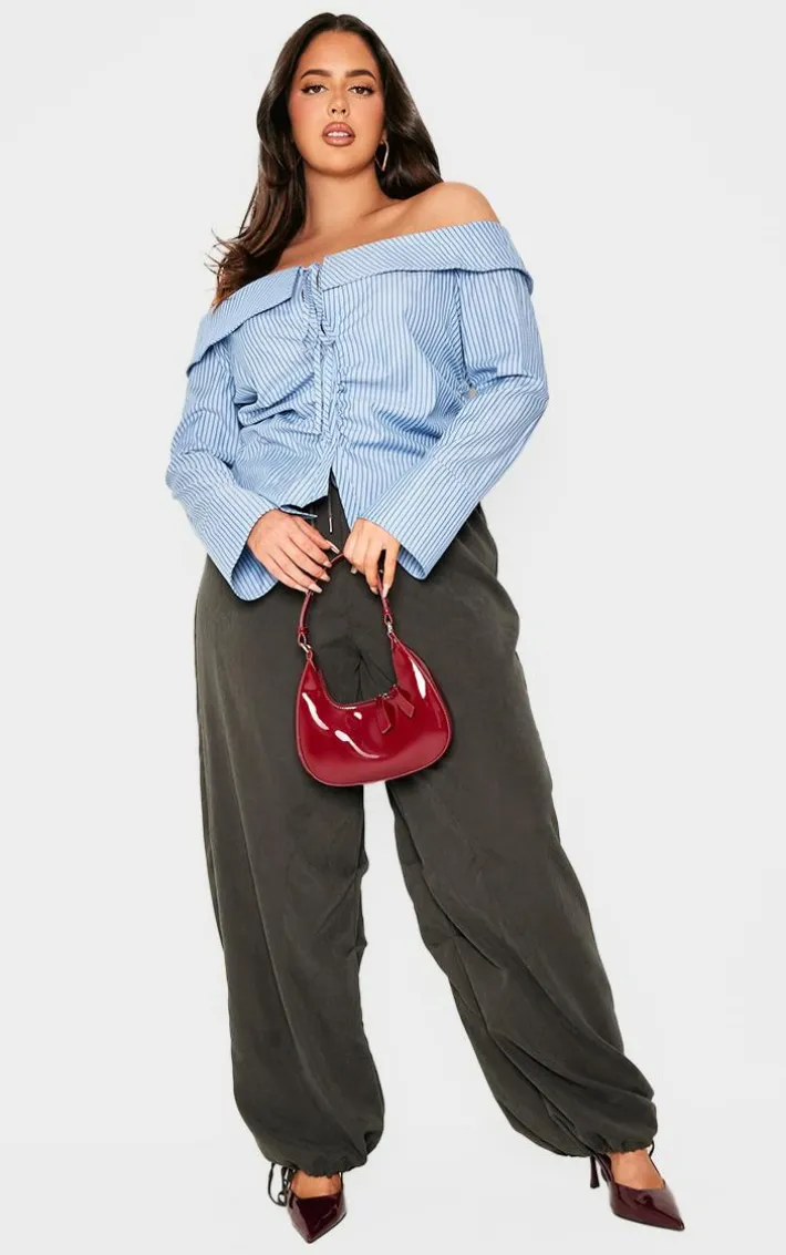Plus Blue Bardot Striped Fitted Shirt Style Top