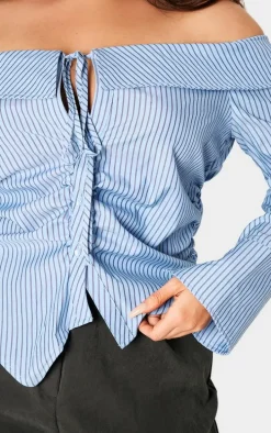 Plus Blue Bardot Striped Fitted Shirt Style Top