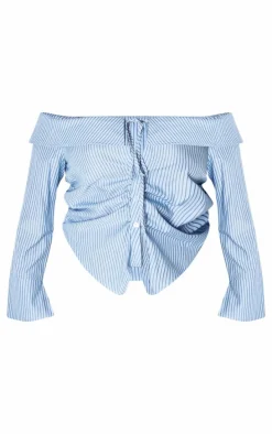 Plus Blue Bardot Striped Fitted Shirt Style Top