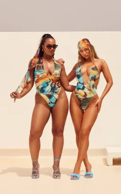 Plus Blue Butterfly Print Plunge Halterneck Swimsuit