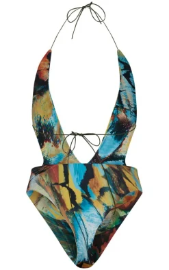 Plus Blue Butterfly Print Plunge Halterneck Swimsuit